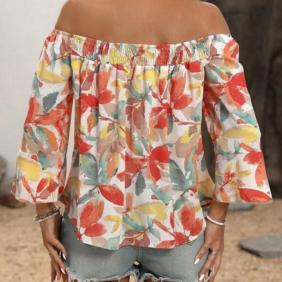 Multicolor Boho Women's Floral Print Elegant Off Shoulder Blouse - Picture 2 of 6